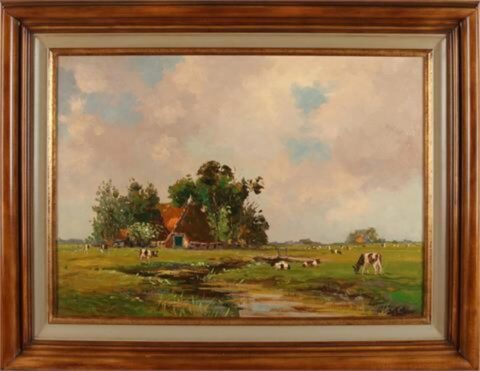 Landschap met boerderij en koeien.