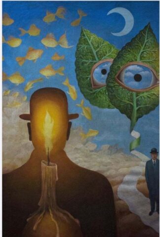 In the style of Rene Magritte